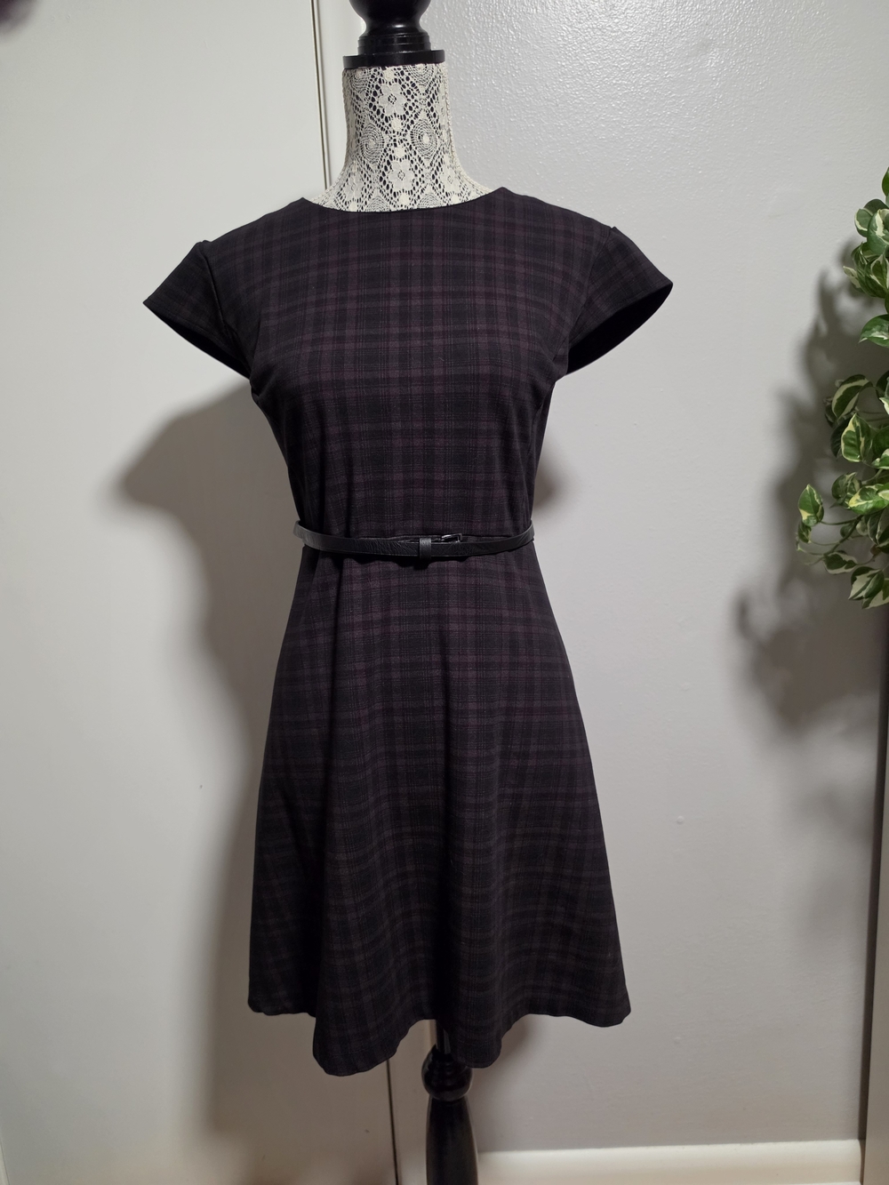 Apt. 9 XXL Burgundy Black Plaid Fit & Flare Belted Dress Rayon Blend EUC